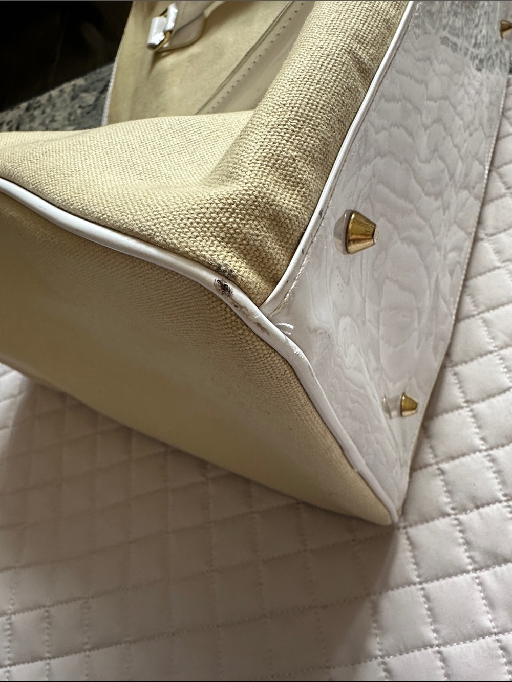 Canvas Satchel Handbag in Beige with White Handles - Picture 11 of 13